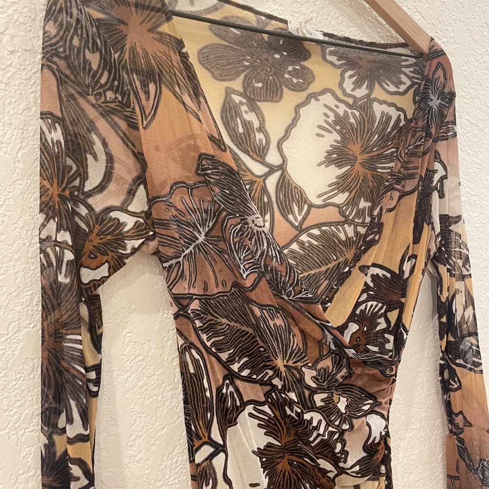 Cache Vintage Y2K Sheer Mesh Floral Wrap Top Long Sleeve Brown Tan V-Neck Large - Picture 2 of 9